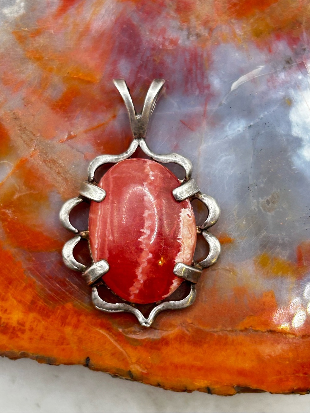 Vintage Sterling Silver Rhodonite Pendant